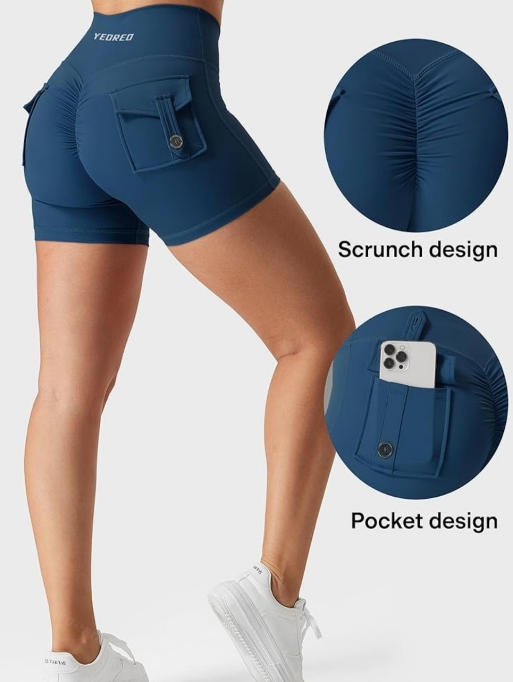 Yeoreo Deep Blue Pocket Scrunch Athletic Shorts Large - Never Worn - Picture 5 of 9